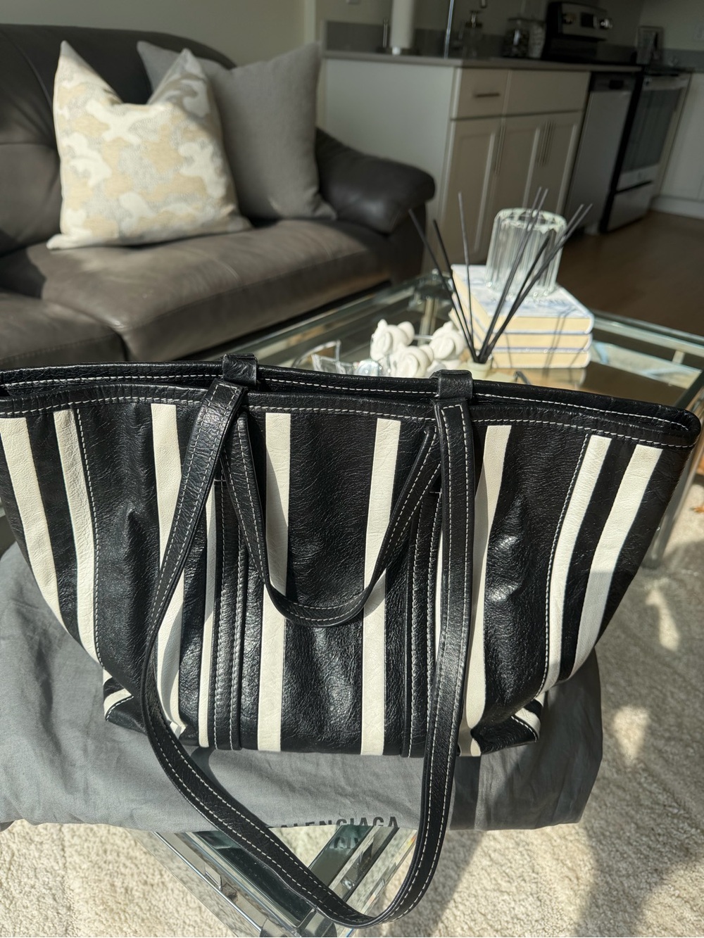 Balenciaga Black & White Vertical Stripe Leather Tote - Picture 3 of 5